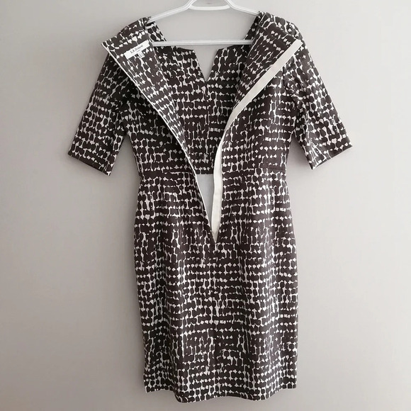 L.K. Bennett Dr Cho Sheath Dress Brown and Cream Front Pockets Elbow Sleeve 6 - Picture 11 of 17